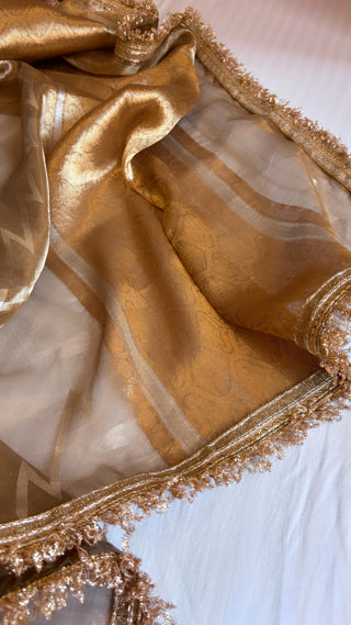 Pure banarasi antique gold tissue silk kadhwa jungla sona rupa handwoven saree with gotapatti borders