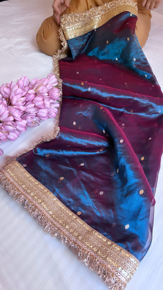 Pure banarasi dual toned - dhup chao effect tissue silk kadhwa buti handwoven saree with gotapatti borders