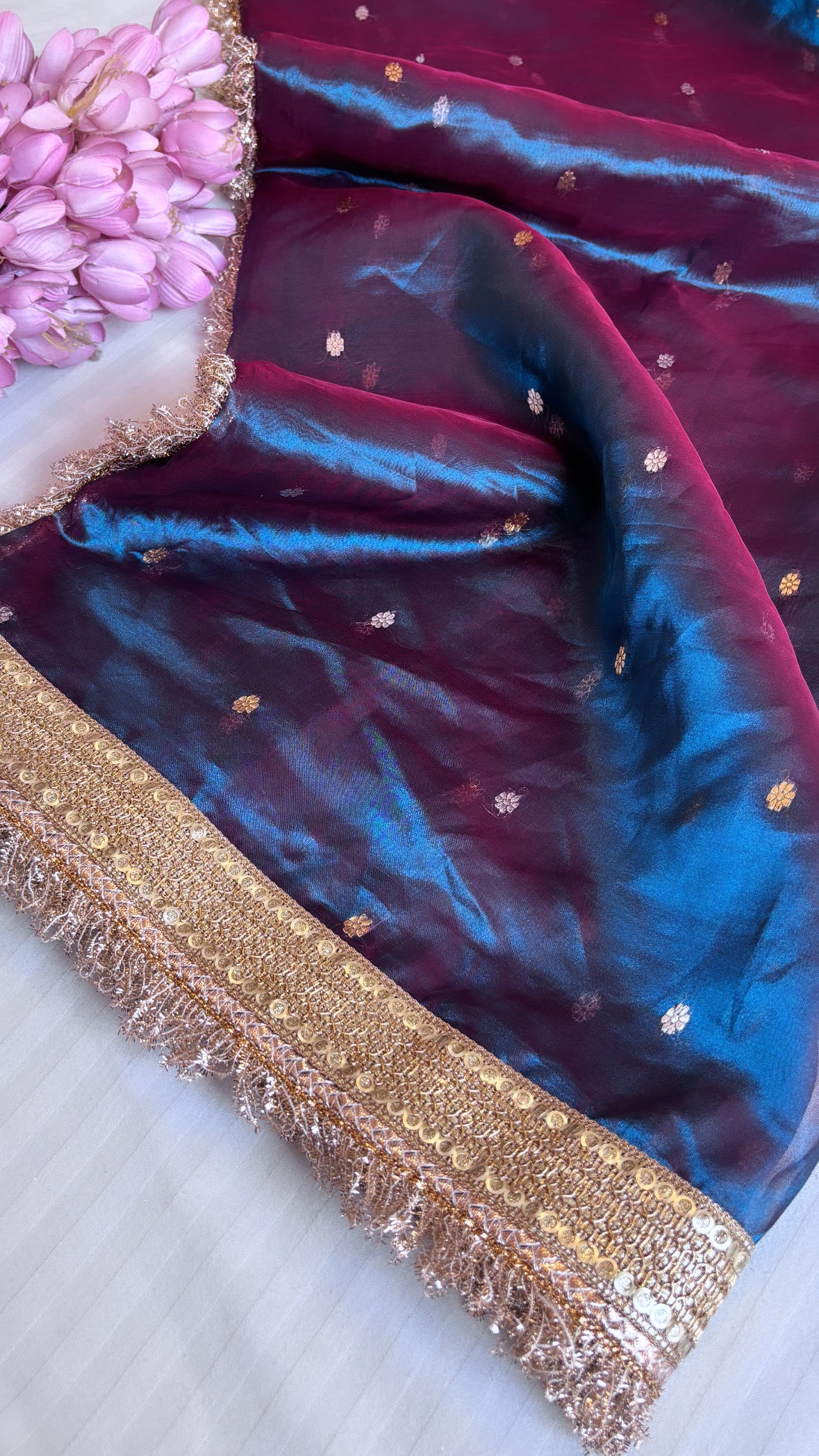 Pure banarasi dual toned - dhup chao effect tissue silk kadhwa buti handwoven saree with gotapatti borders