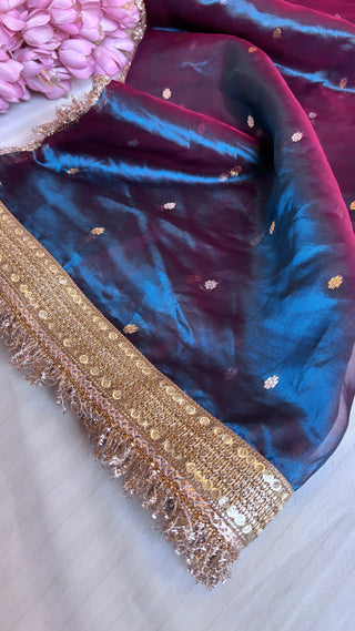 Pure banarasi dual toned - dhup chao effect tissue silk kadhwa buti handwoven saree with gotapatti borders