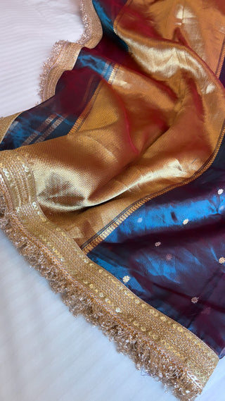 Pure banarasi dual toned - dhup chao effect tissue silk kadhwa buti handwoven saree with gotapatti borders