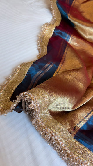 Pure banarasi dual toned - dhup chao effect tissue silk kadhwa buti handwoven saree with gotapatti borders