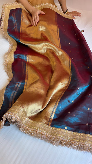 Pure banarasi dual toned - dhup chao effect tissue silk kadhwa buti handwoven saree with gotapatti borders