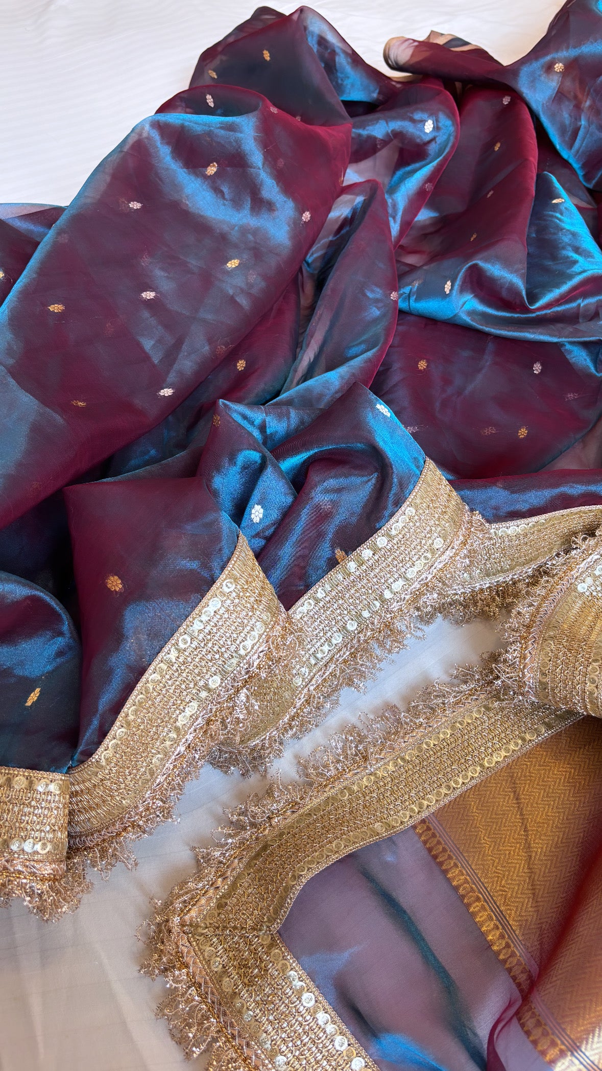 Pure banarasi dual toned - dhup chao effect tissue silk kadhwa buti handwoven saree with gotapatti borders