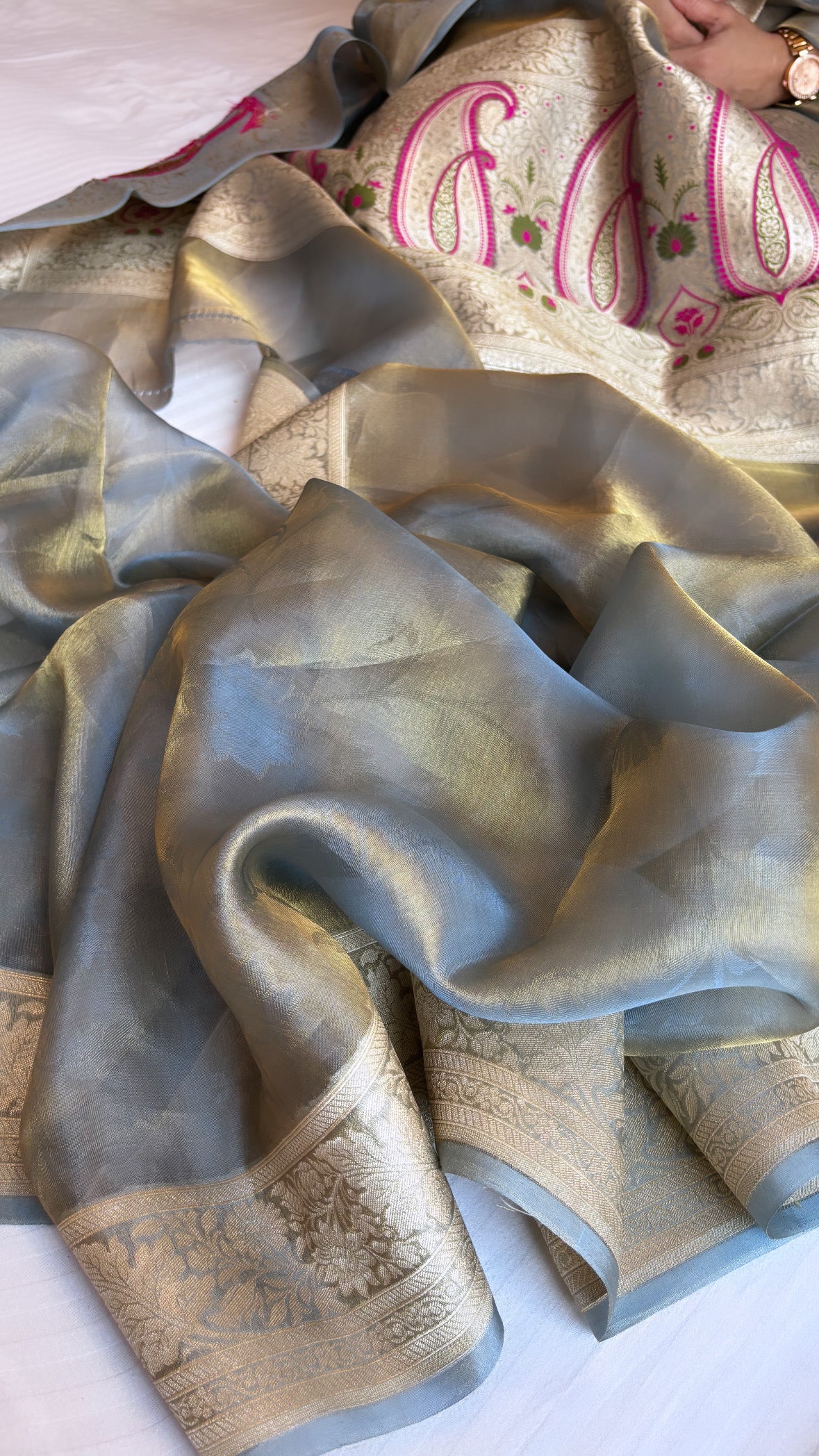 Pure banarasi ice blue tissue silk tanchoi kadhwa saree with handwoven meenakari work in pallu