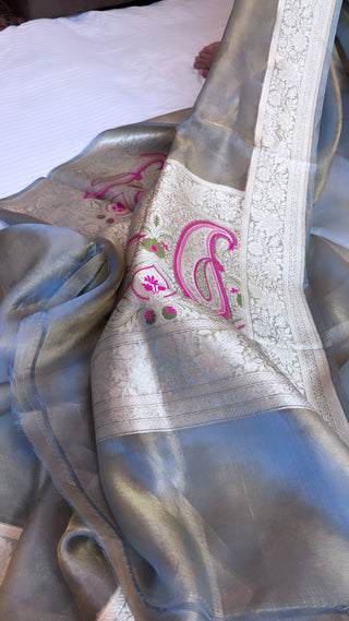 Pure banarasi ice blue tissue silk tanchoi kadhwa saree with handwoven meenakari work in pallu