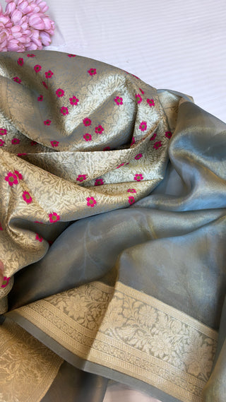 Pure banarasi ice blue tissue silk tanchoi kadhwa saree with handwoven meenakari work in pallu