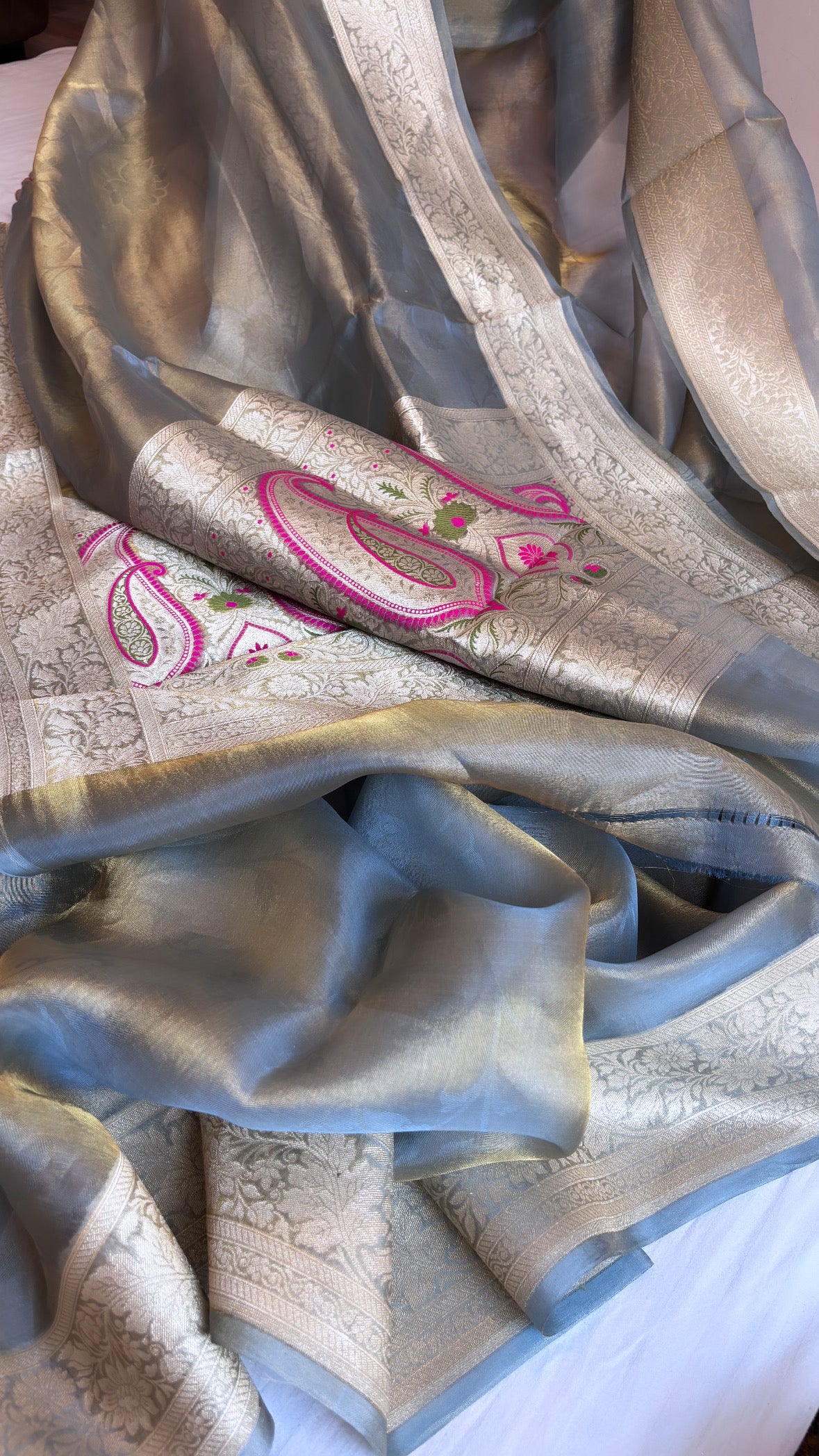 Pure banarasi ice blue tissue silk tanchoi kadhwa saree with handwoven meenakari work in pallu