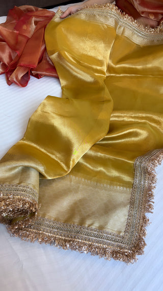 Pure banarasi olive gold tissue silk kadhwa handwoven saree with gotapatti borders