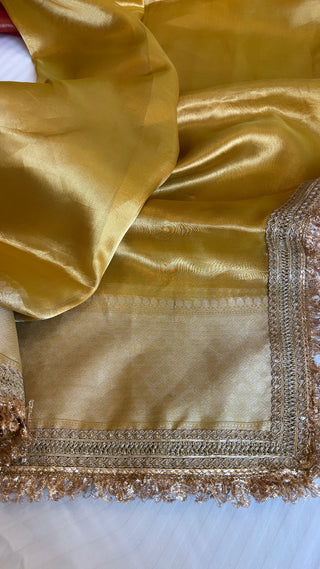 Pure banarasi olive gold tissue silk kadhwa handwoven saree with gotapatti borders