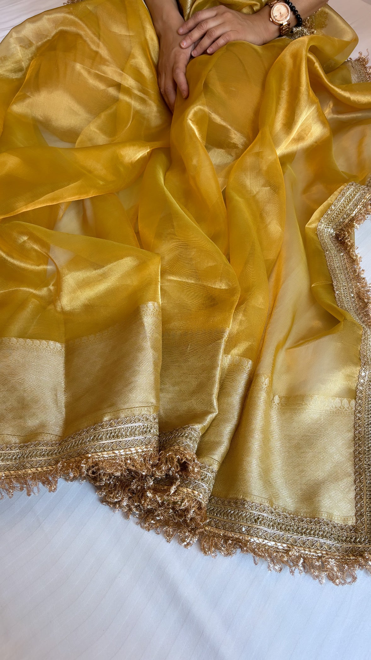 Pure banarasi olive gold tissue silk kadhwa handwoven saree with gotapatti borders