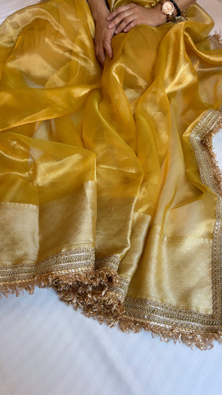 Pure banarasi olive gold tissue silk kadhwa handwoven saree with gotapatti borders