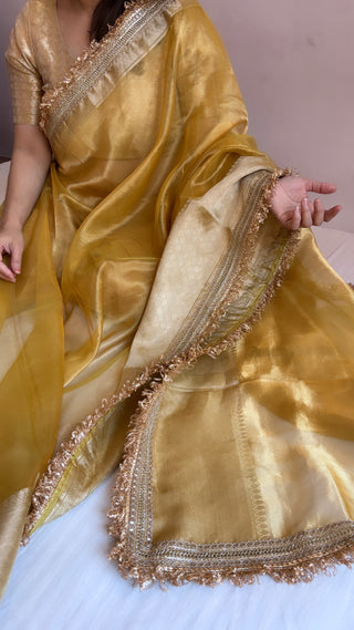 Pure banarasi olive gold tissue silk kadhwa handwoven saree with gotapatti borders