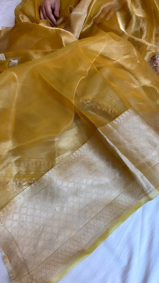 Pure banarasi olive gold tissue silk kadhwa handwoven saree with gotapatti borders