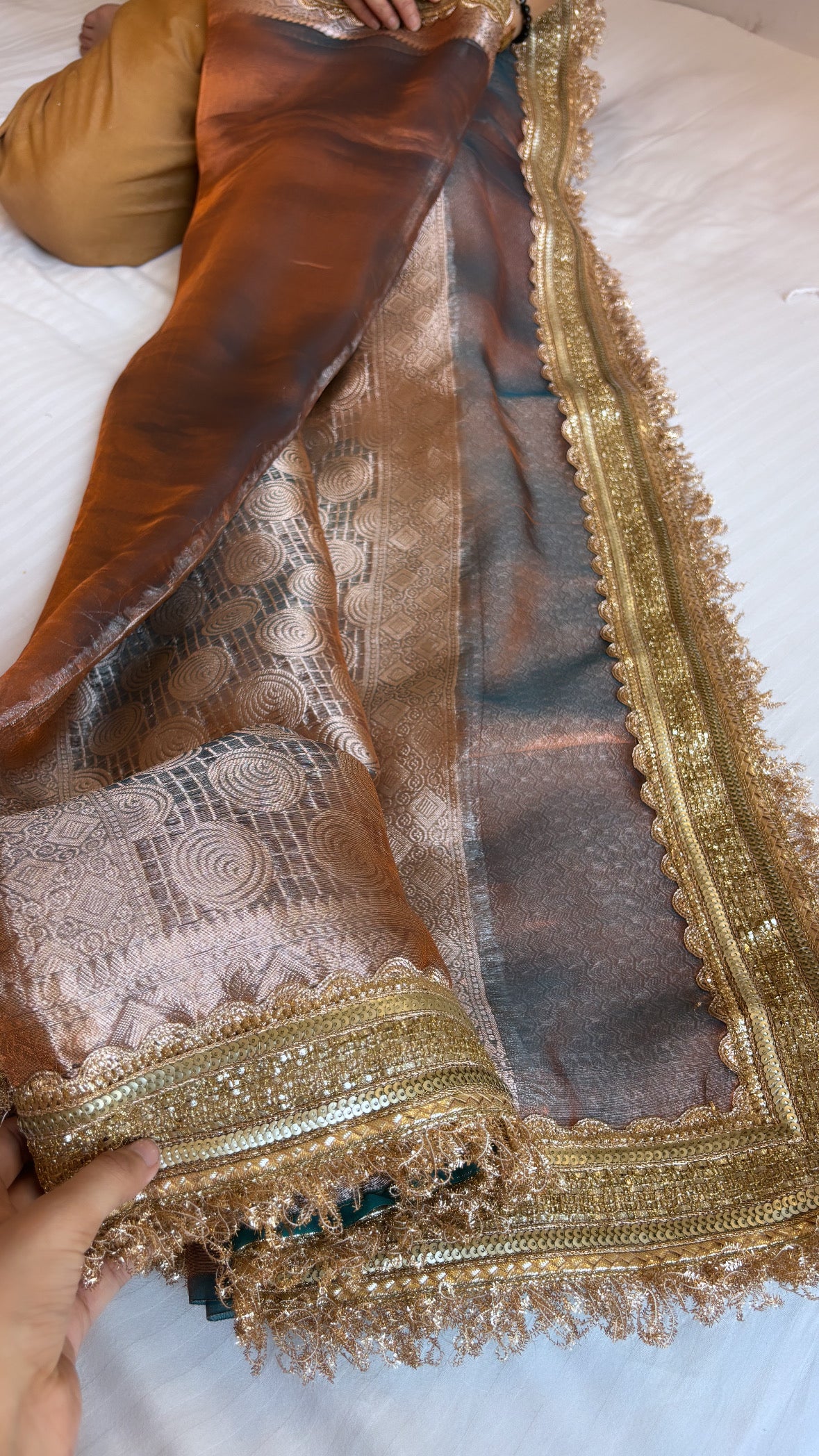 Pure banarasi copperish - blue  tissue silk kadhwa handwoven saree with gotapatti borders
