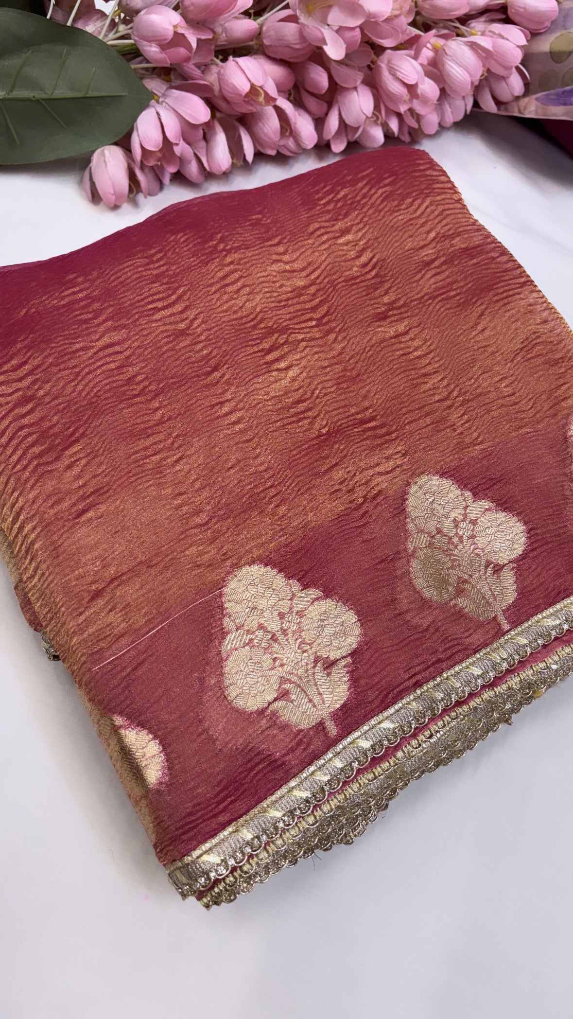 Pure banarasi cherry crushed tissue silk kadhwa saree with gotapatti border