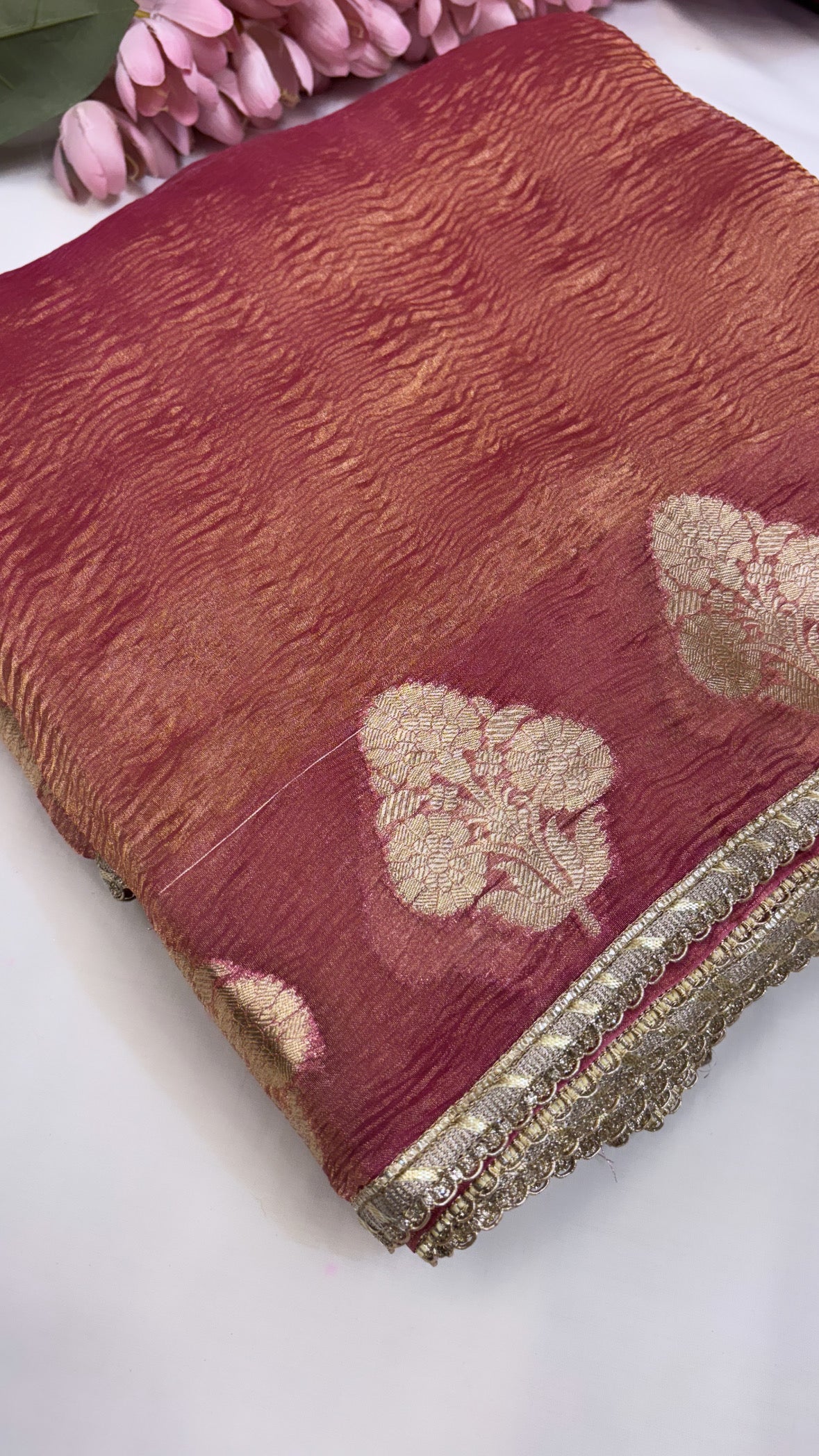 Pure banarasi cherry crushed tissue silk kadhwa saree with gotapatti border
