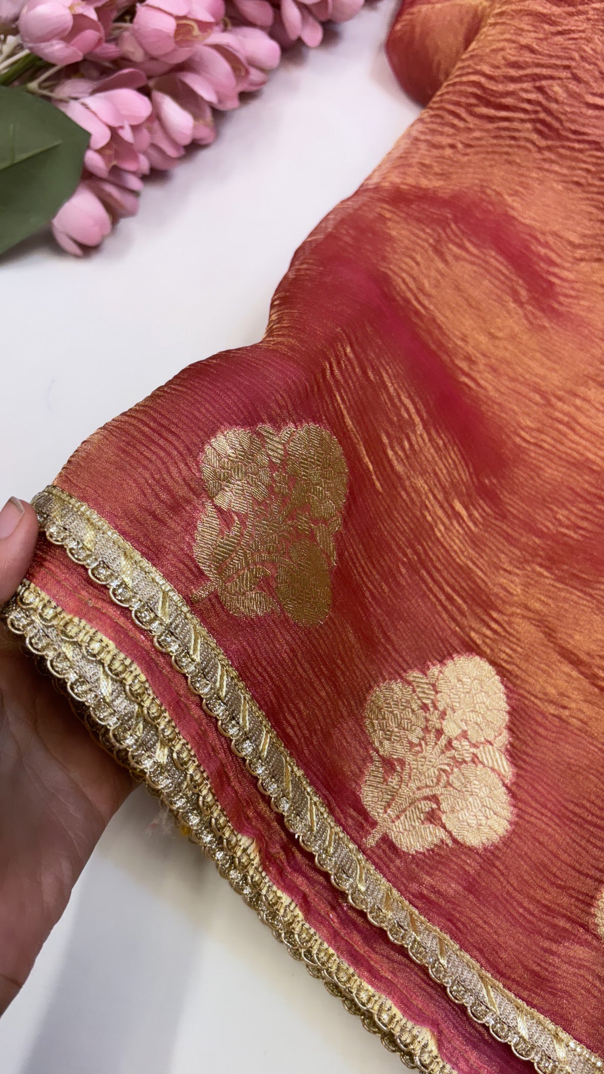 Pure banarasi cherry crushed tissue silk kadhwa saree with gotapatti border