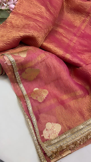 Pure banarasi cherry crushed tissue silk kadhwa saree with gotapatti border