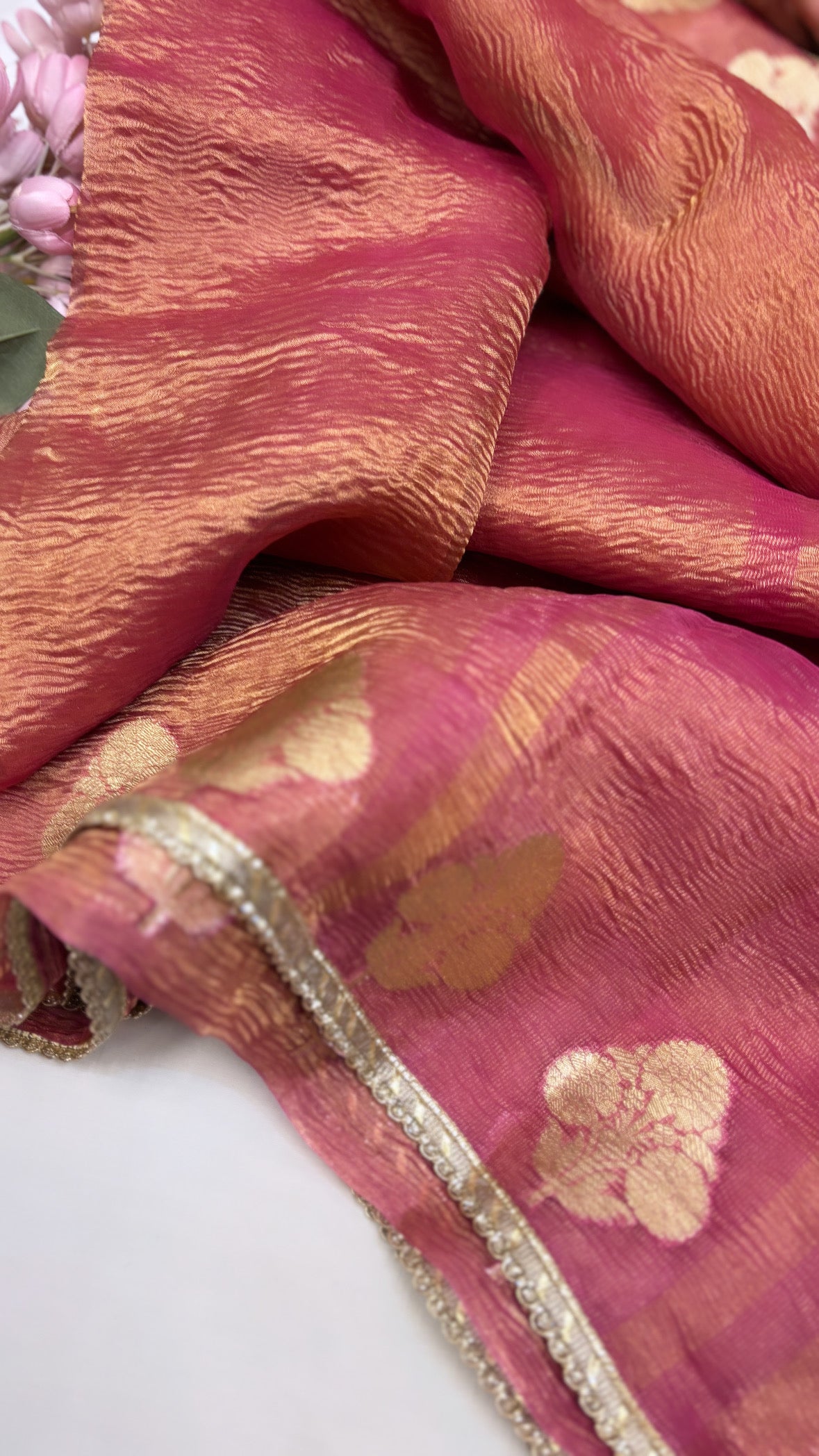 Pure banarasi cherry crushed tissue silk kadhwa saree with gotapatti border