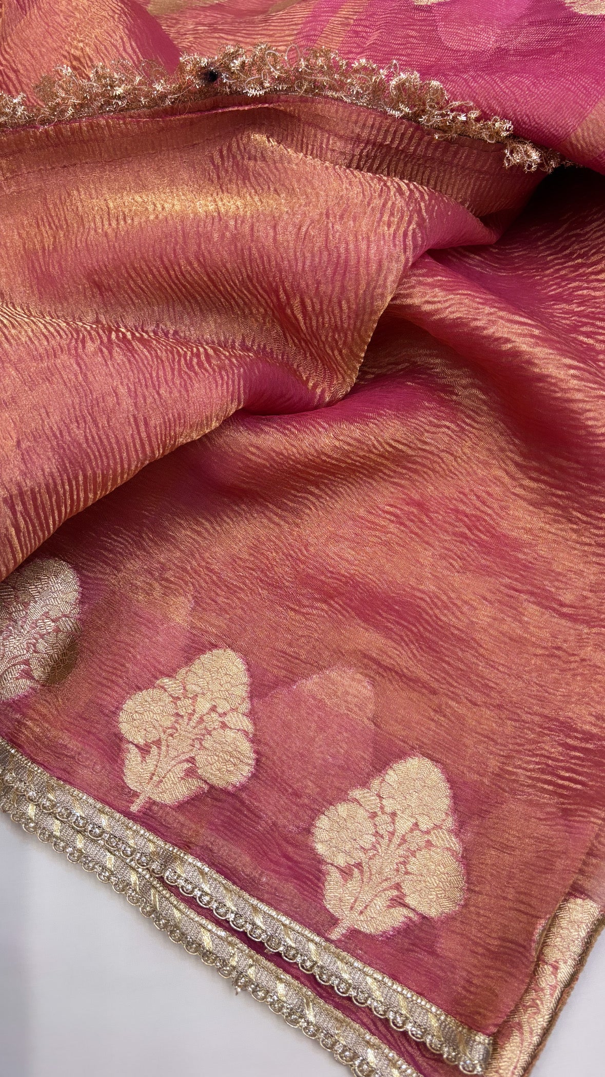 Pure banarasi cherry crushed tissue silk kadhwa saree with gotapatti border