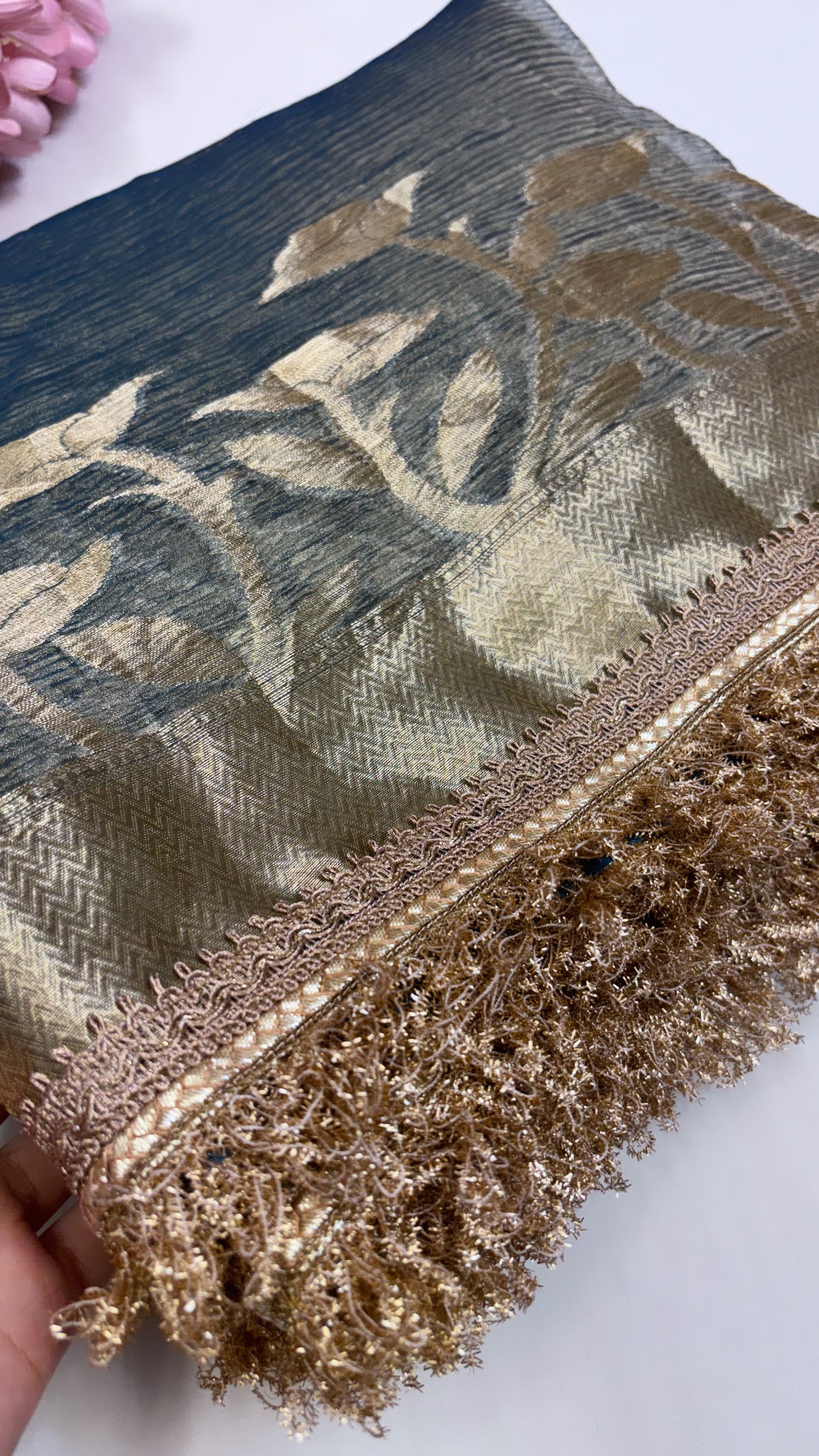 Pure banarasi teal blue crushed tissue silk kadhwa saree with gotapatti border