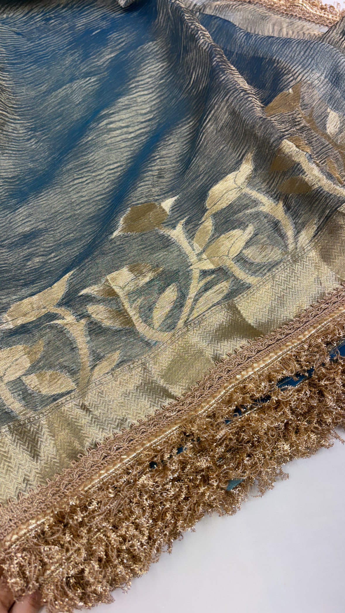 Pure banarasi teal blue crushed tissue silk kadhwa saree with gotapatti border