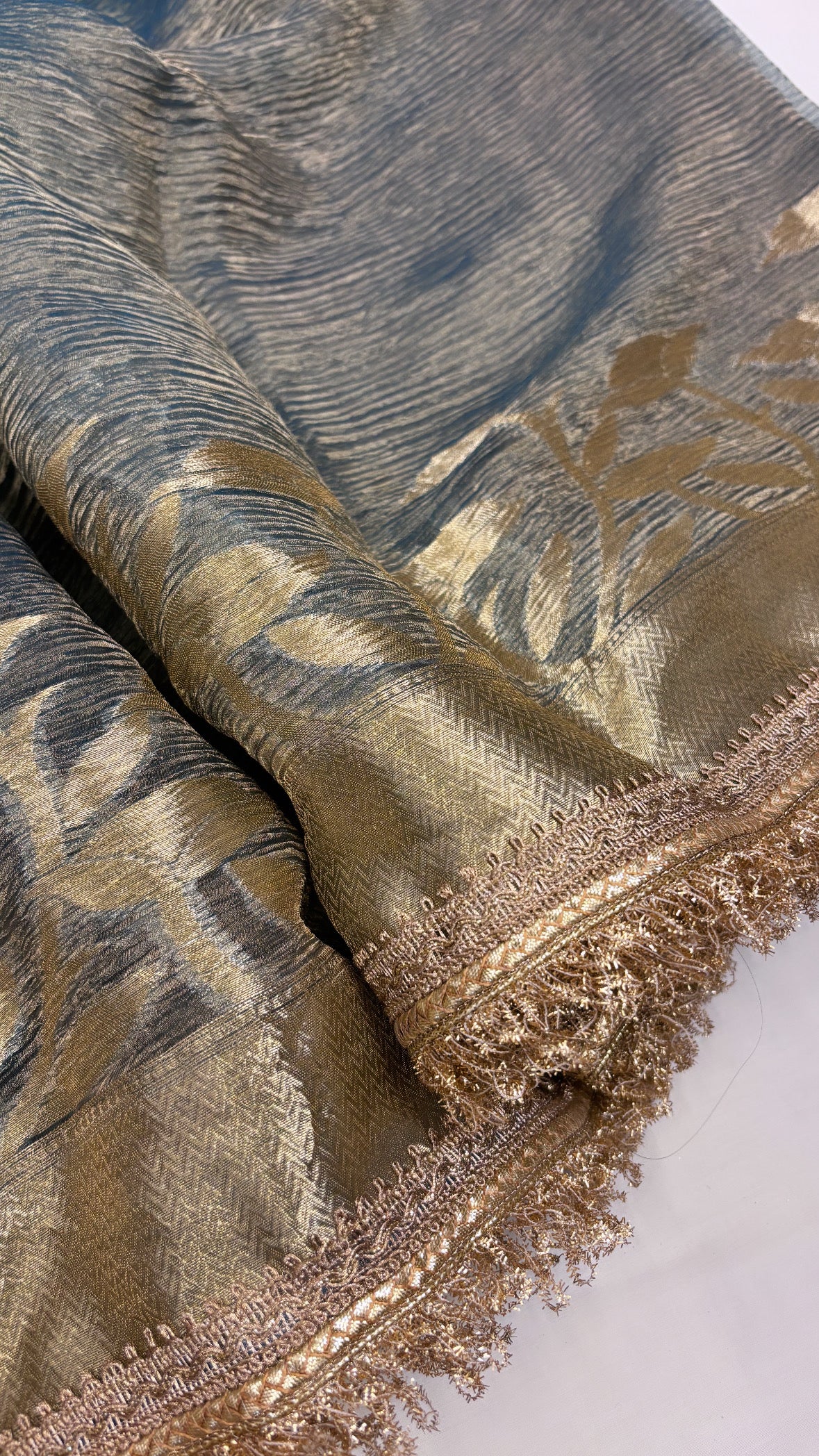 Pure banarasi teal blue crushed tissue silk kadhwa saree with gotapatti border