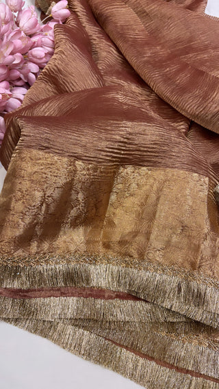 Pure banarasi rose gold crushed tissue silk kadhwa saree with gotapatti border