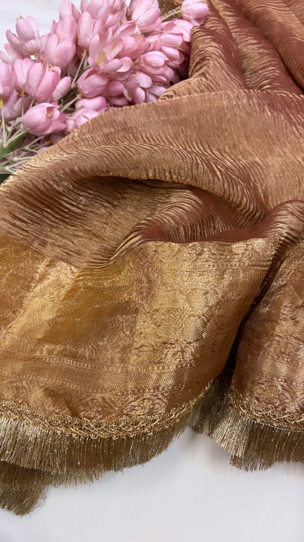 Pure banarasi rose gold crushed tissue silk kadhwa saree with gotapatti border