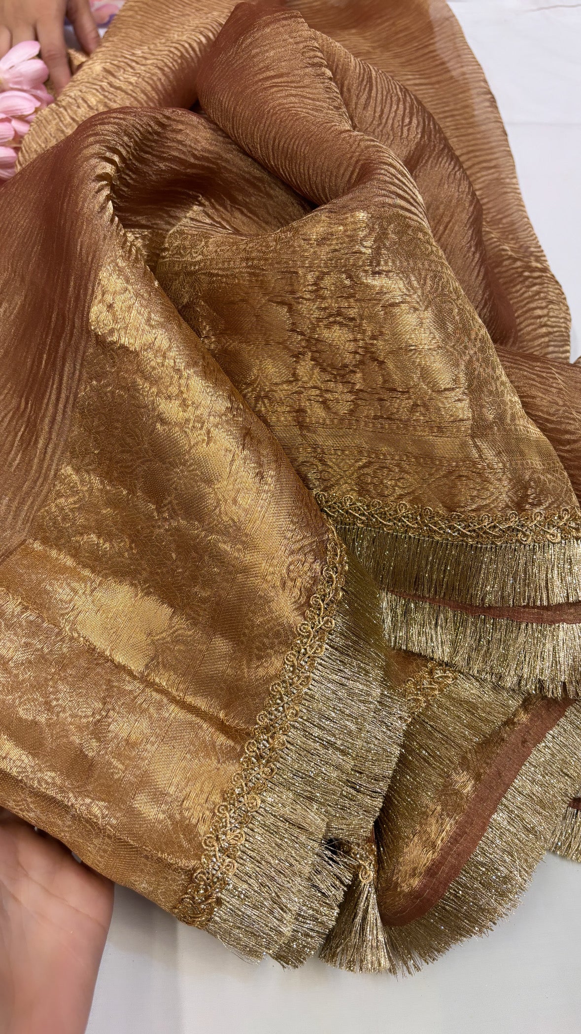 Pure banarasi rose gold crushed tissue silk kadhwa saree with gotapatti border