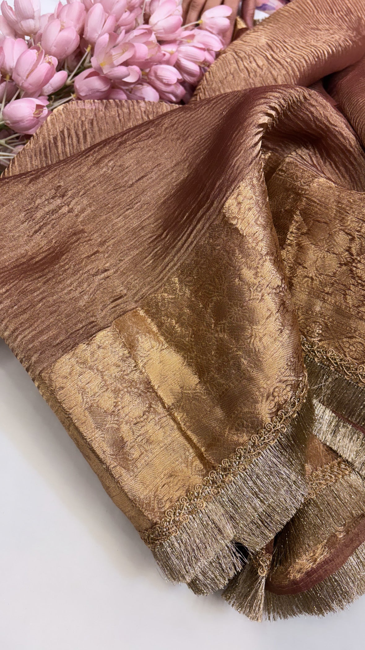 Pure banarasi rose gold crushed tissue silk kadhwa saree with gotapatti border