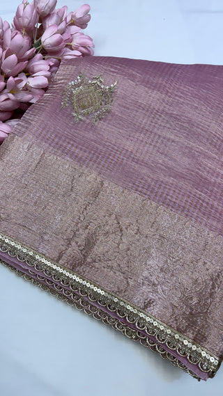 Pure banarasi blush pink crushed tissue silk kadhwa weaving saree with hand embroidered heavy butas and gotapatti borders