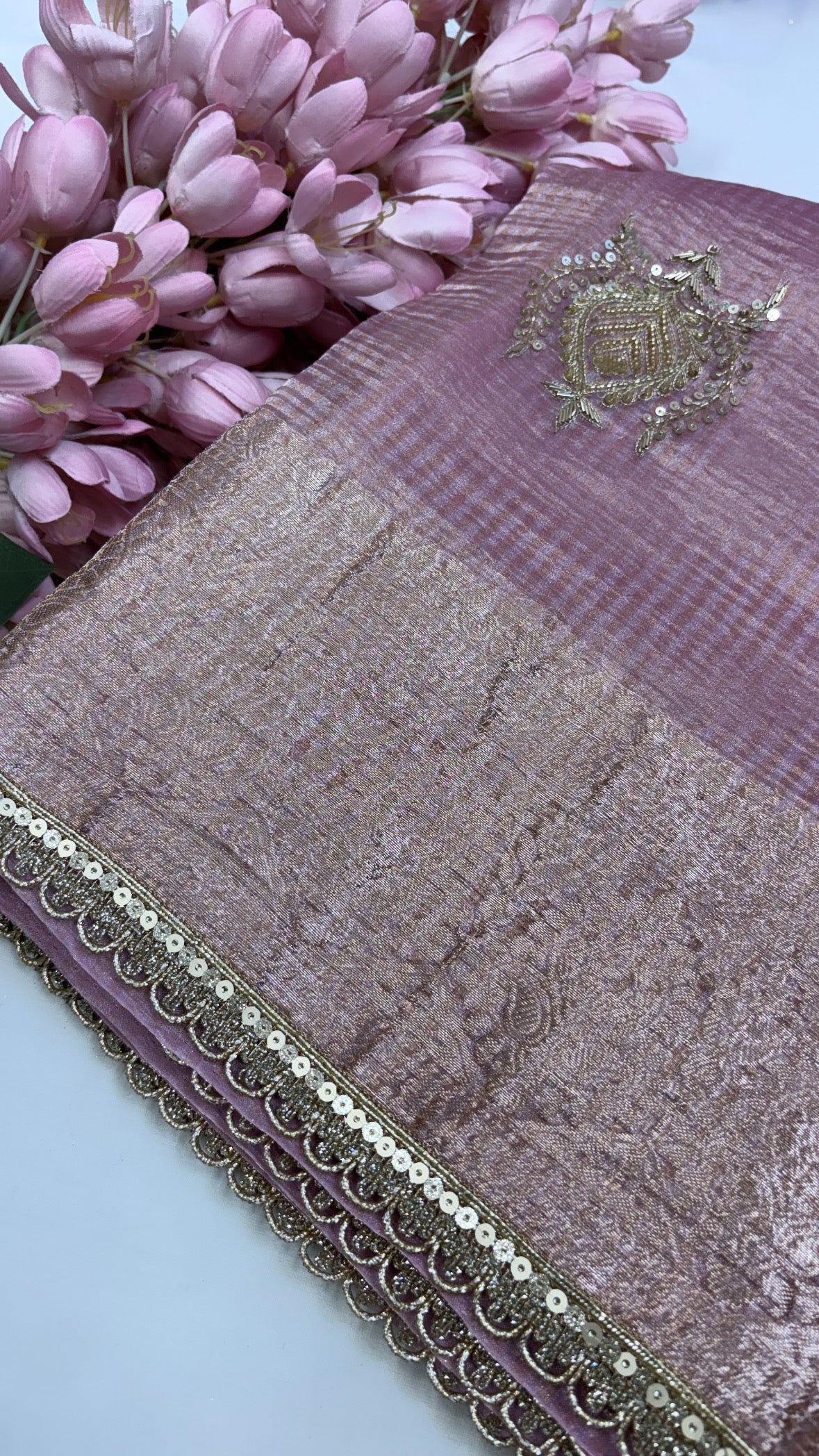 Pure banarasi blush pink crushed tissue silk kadhwa weaving saree with hand embroidered heavy butas and gotapatti borders