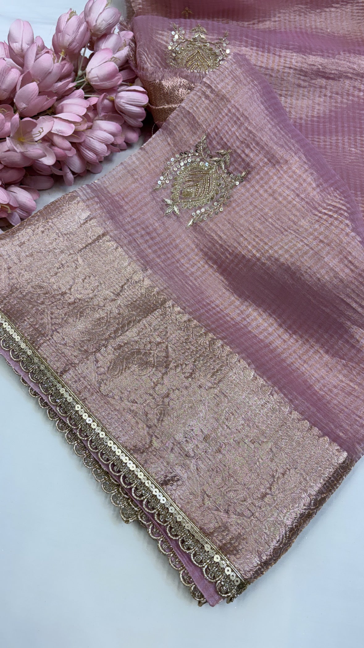 Pure banarasi blush pink crushed tissue silk kadhwa weaving saree with hand embroidered heavy butas and gotapatti borders