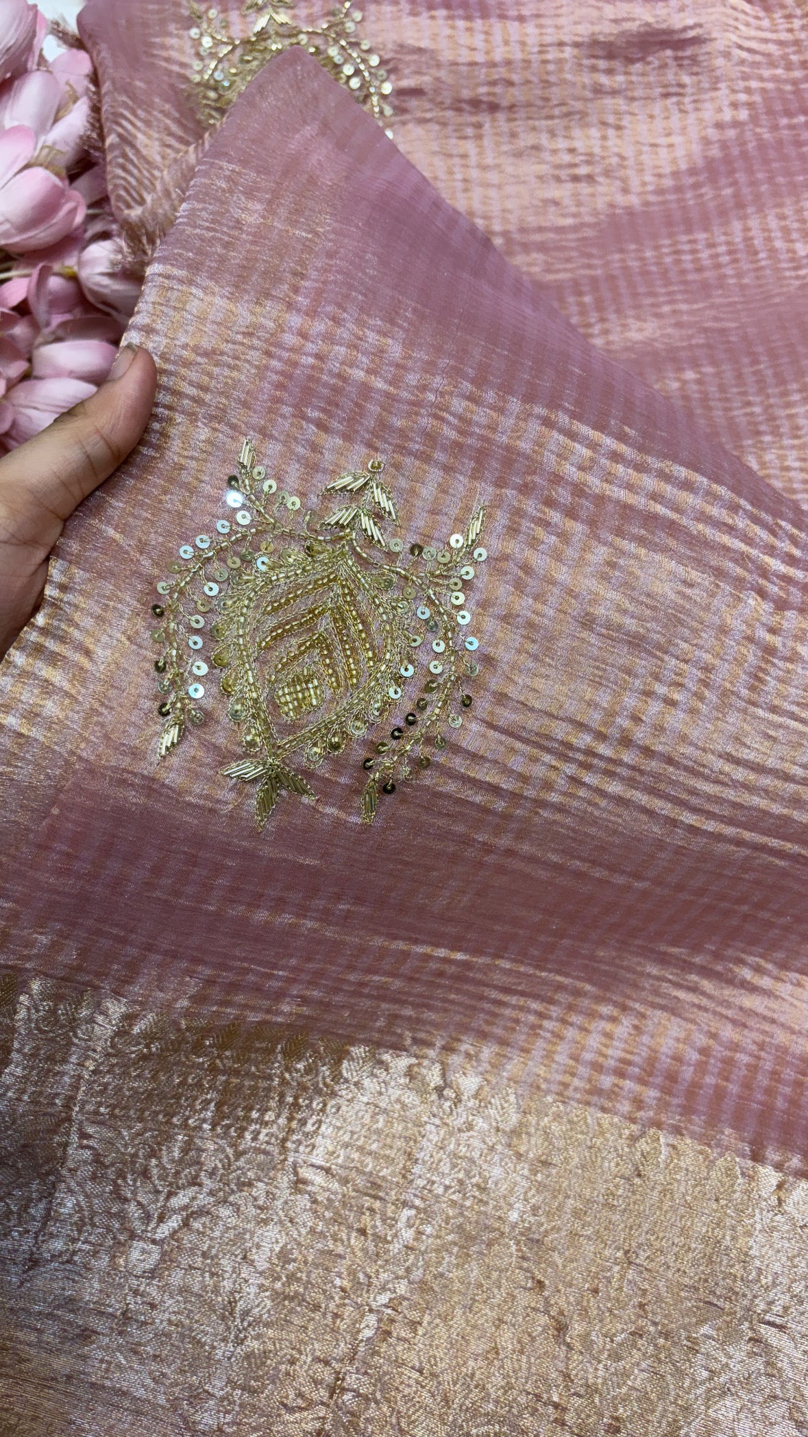 Pure banarasi blush pink crushed tissue silk kadhwa weaving saree with hand embroidered heavy butas and gotapatti borders