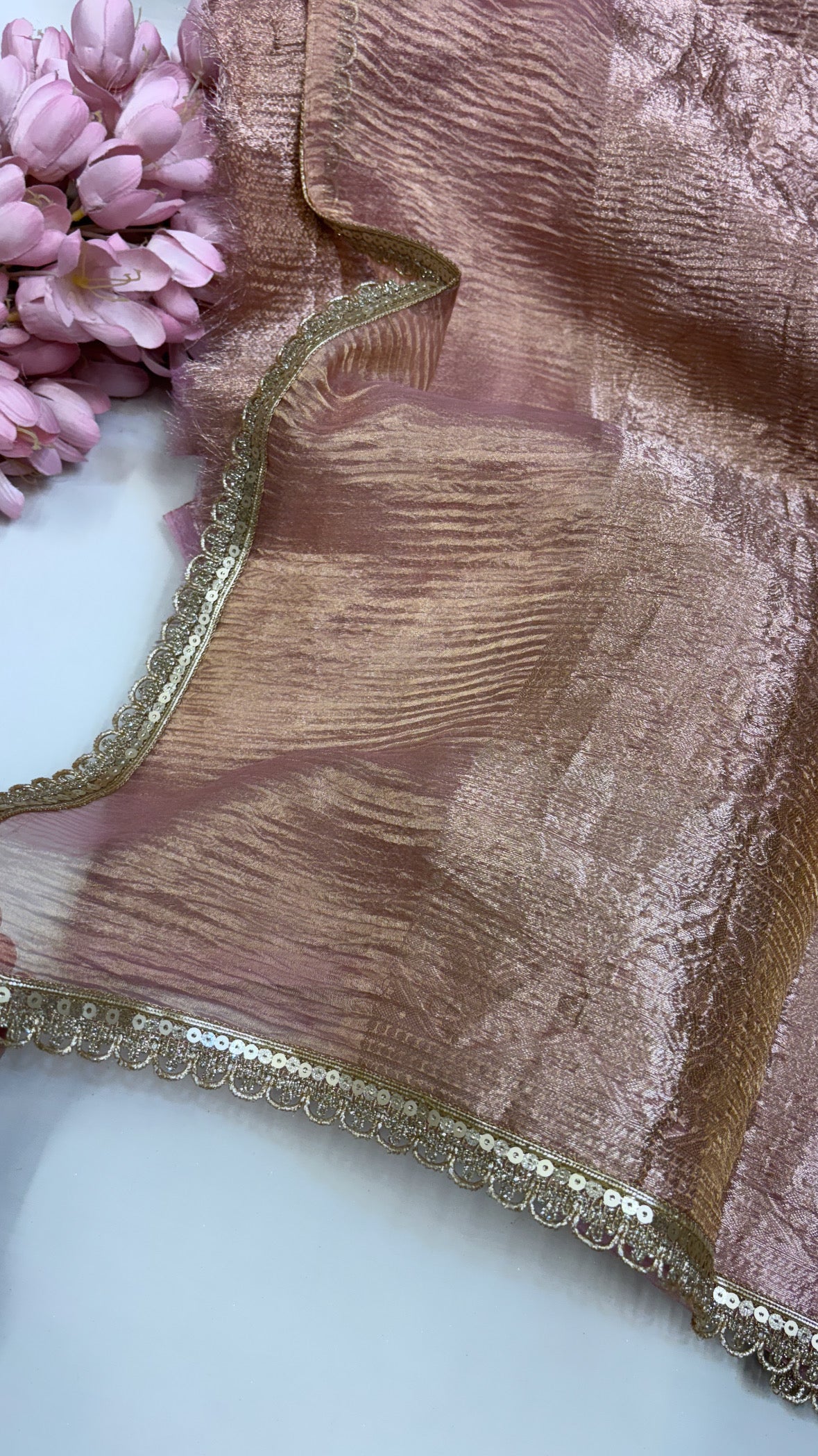 Pure banarasi blush pink crushed tissue silk kadhwa weaving saree with hand embroidered heavy butas and gotapatti borders