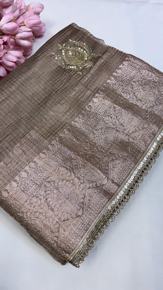 Pure banarasi mouse grey crushed tissue silk kadhwa weaving saree with hand embroidered heavy butas and gotapatti borders