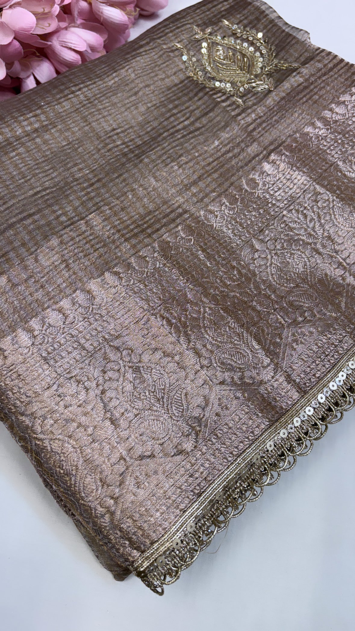 Pure banarasi mouse grey crushed tissue silk kadhwa weaving saree with hand embroidered heavy butas and gotapatti borders
