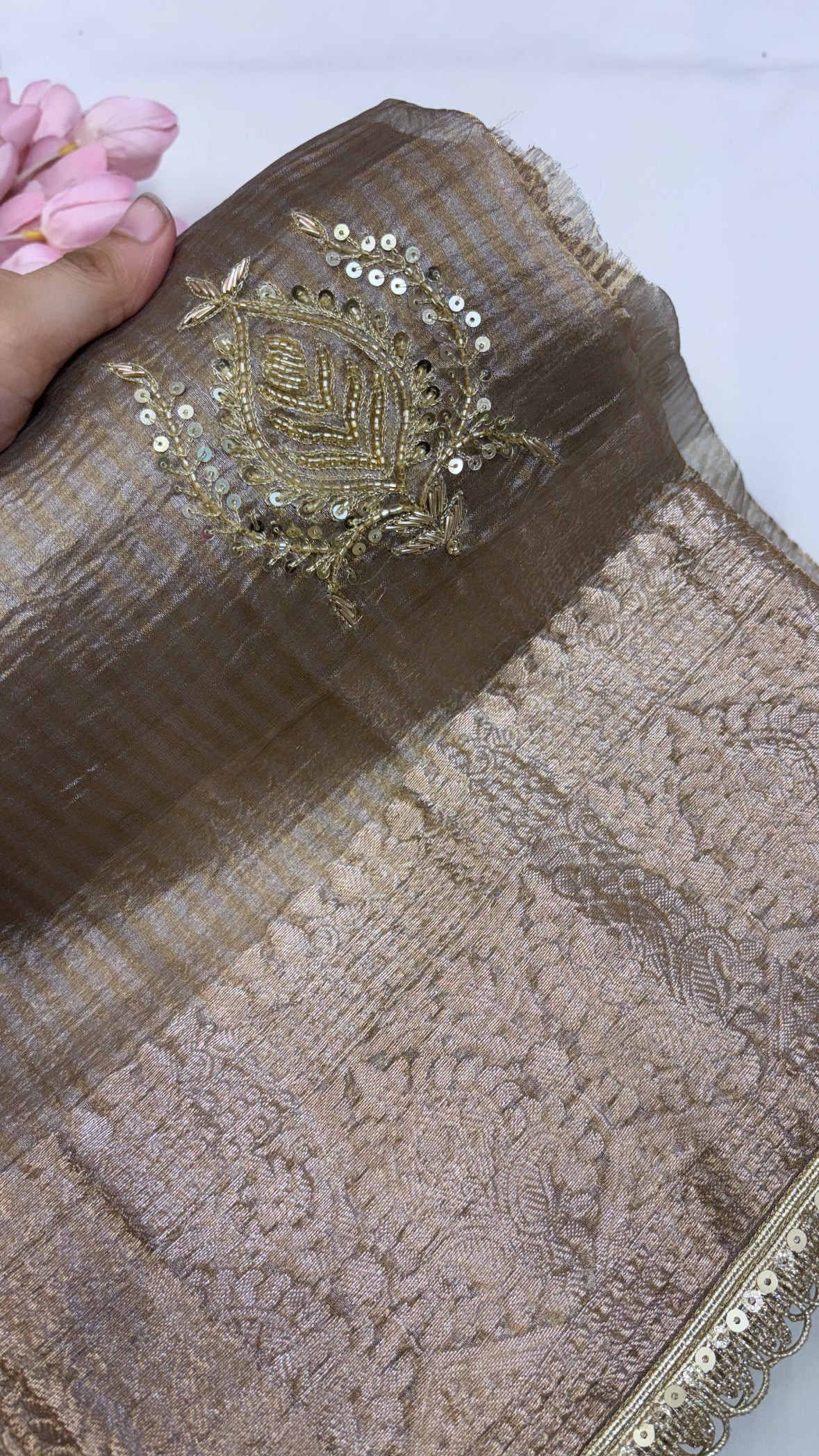 Pure banarasi mouse grey crushed tissue silk kadhwa weaving saree with hand embroidered heavy butas and gotapatti borders
