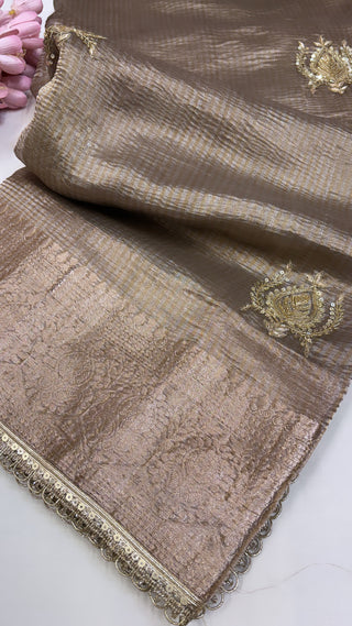 Pure banarasi mouse grey crushed tissue silk kadhwa weaving saree with hand embroidered heavy butas and gotapatti borders