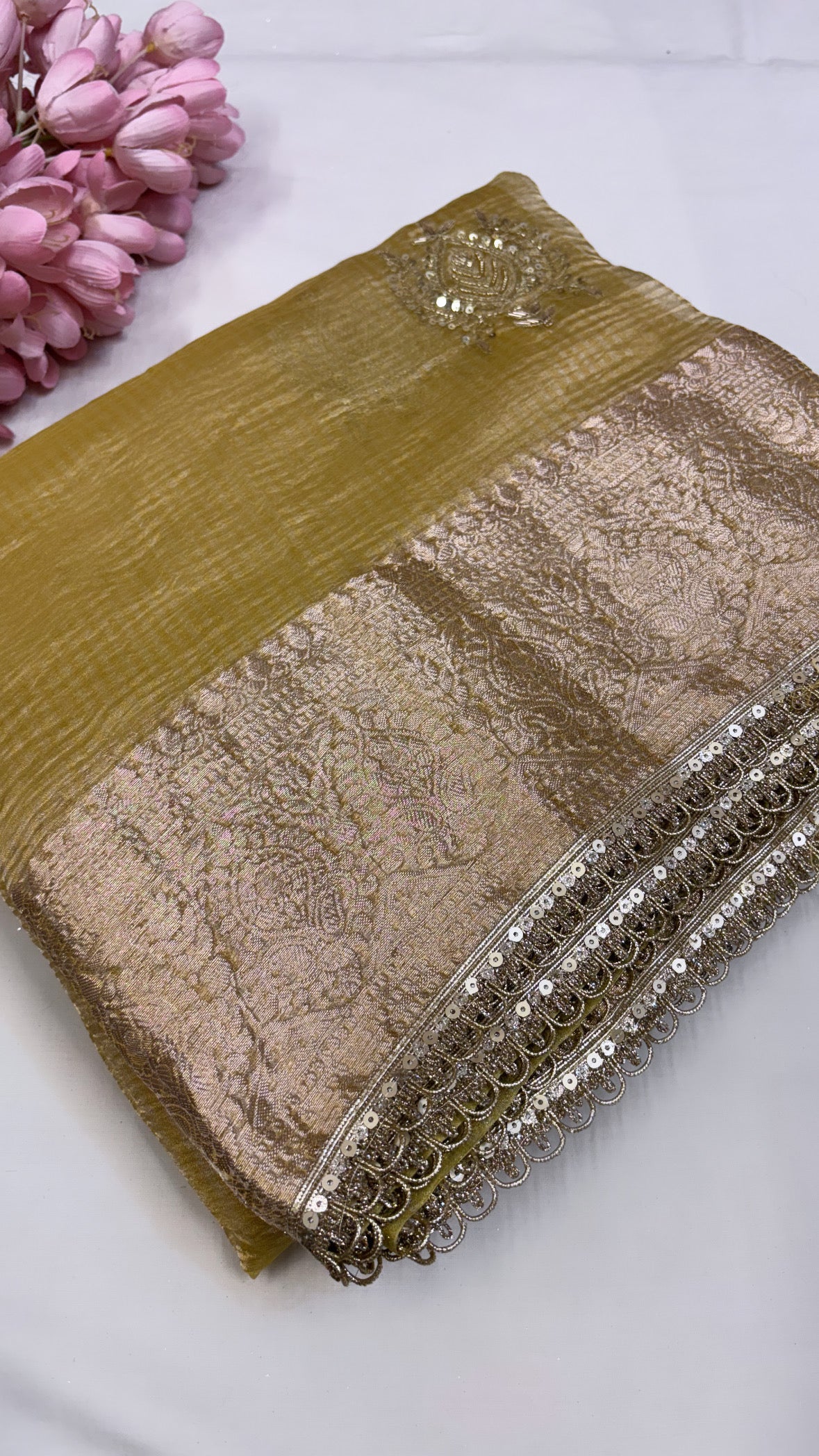 Pure banarasi golden crushed tissue silk kadhwa weaving saree with hand embroidered heavy butas and gotapatti borders