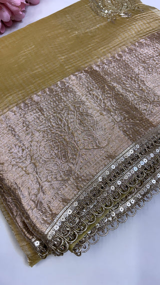 Pure banarasi golden crushed tissue silk kadhwa weaving saree with hand embroidered heavy butas and gotapatti borders