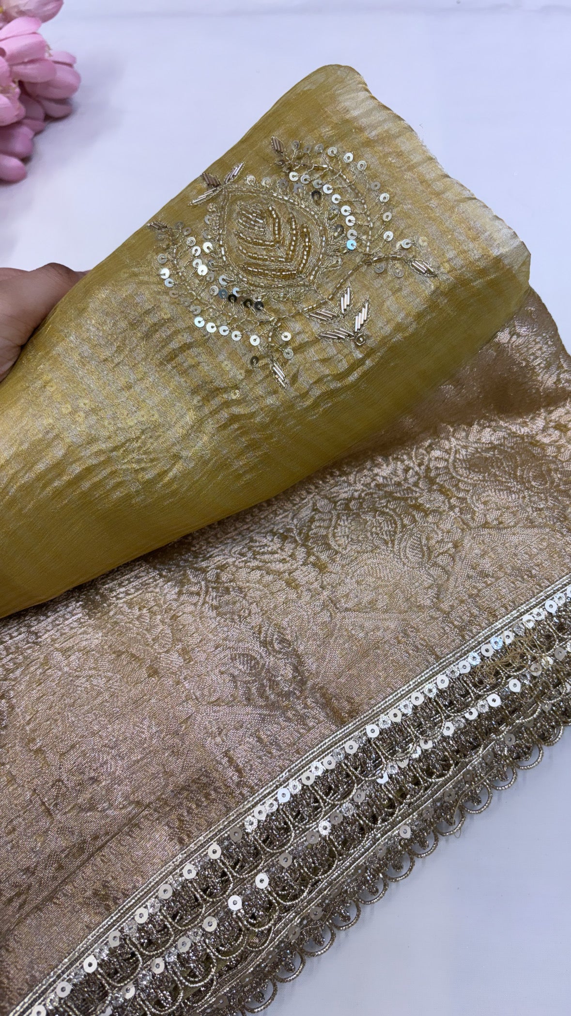 Pure banarasi golden crushed tissue silk kadhwa weaving saree with hand embroidered heavy butas and gotapatti borders