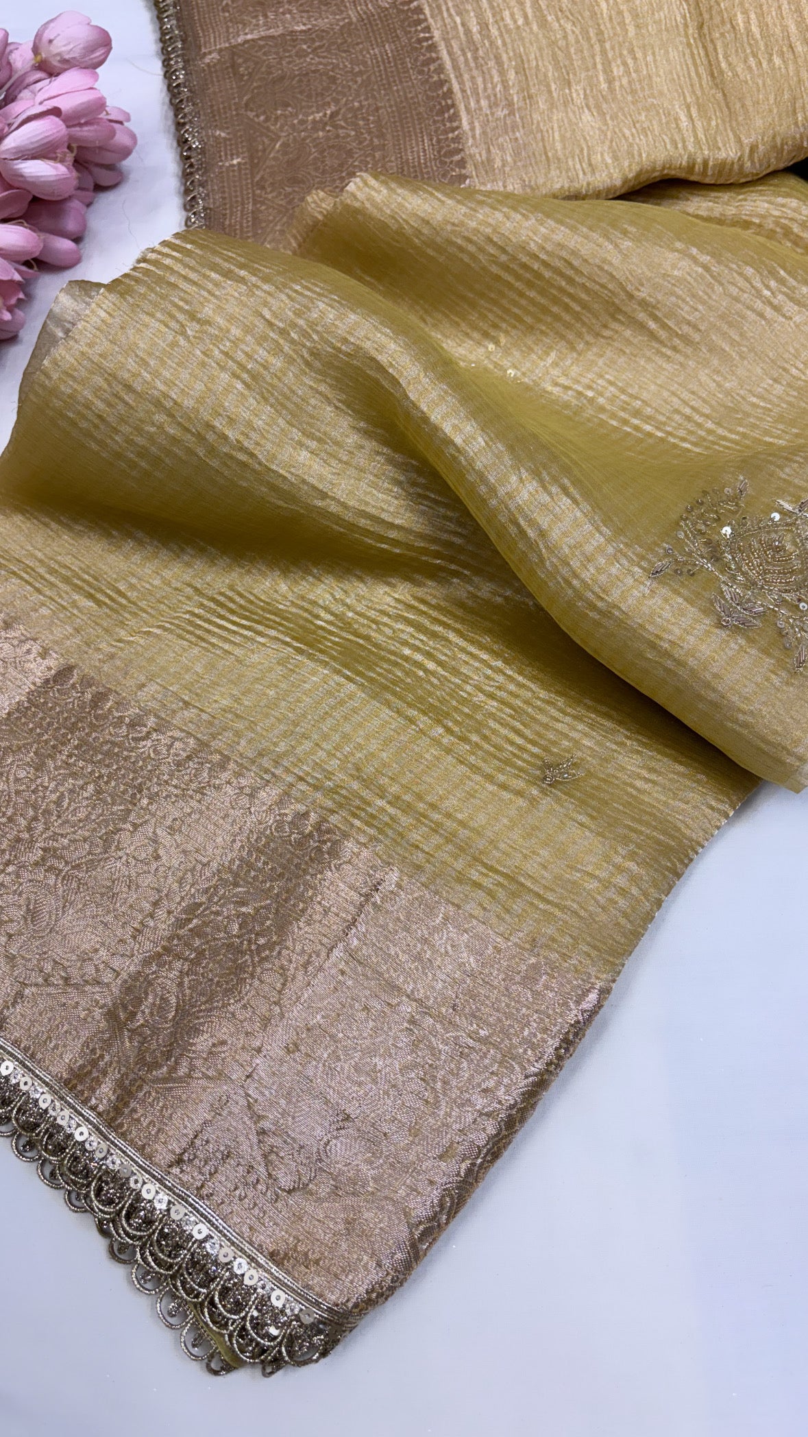 Pure banarasi golden crushed tissue silk kadhwa weaving saree with hand embroidered heavy butas and gotapatti borders