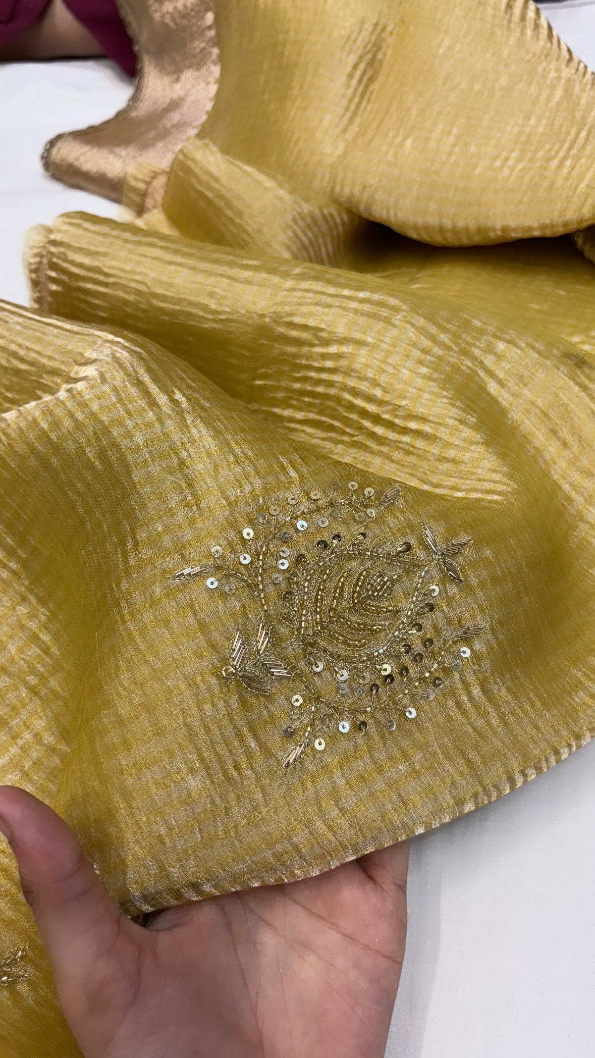 Pure banarasi golden crushed tissue silk kadhwa weaving saree with hand embroidered heavy butas and gotapatti borders