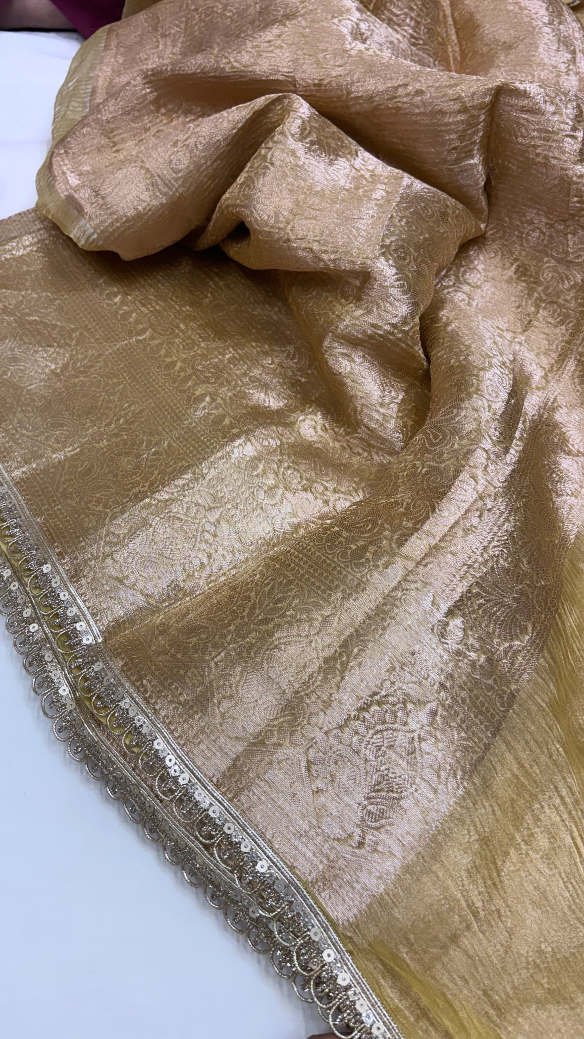Pure banarasi golden crushed tissue silk kadhwa weaving saree with hand embroidered heavy butas and gotapatti borders