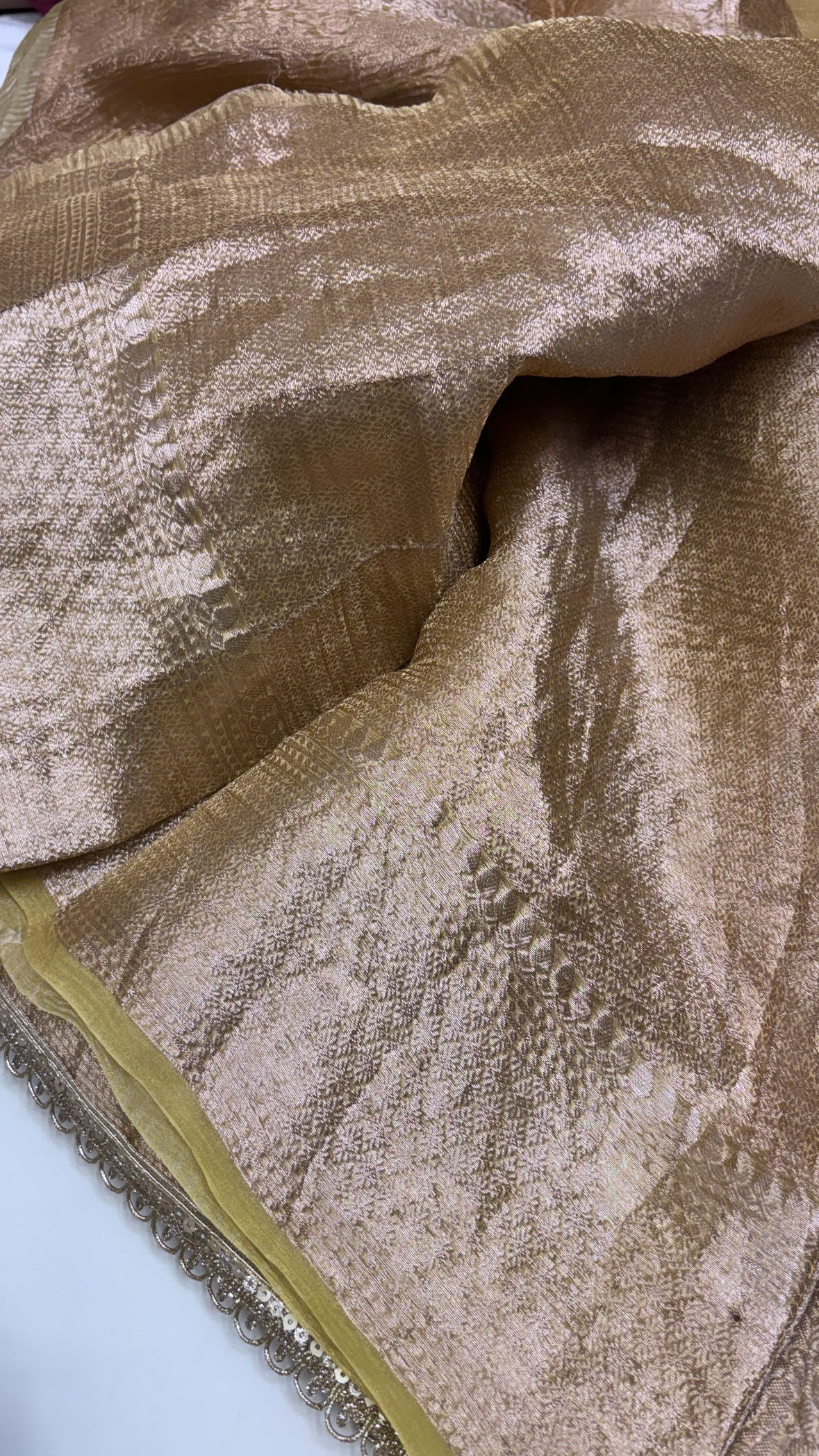 Pure banarasi golden crushed tissue silk kadhwa weaving saree with hand embroidered heavy butas and gotapatti borders