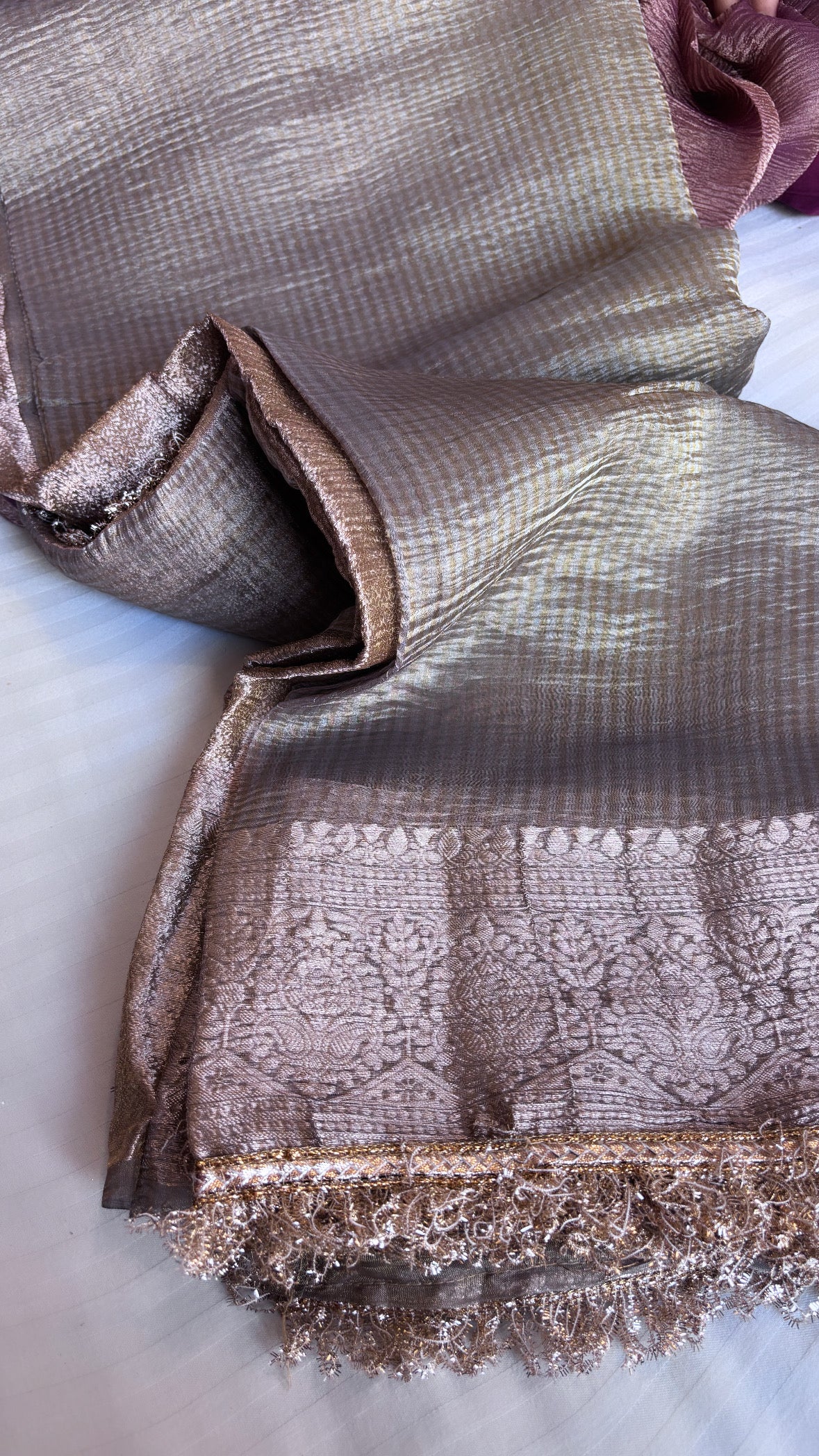 Pure banarasi grey crushed tissue kadhwa saree with gotapatti border