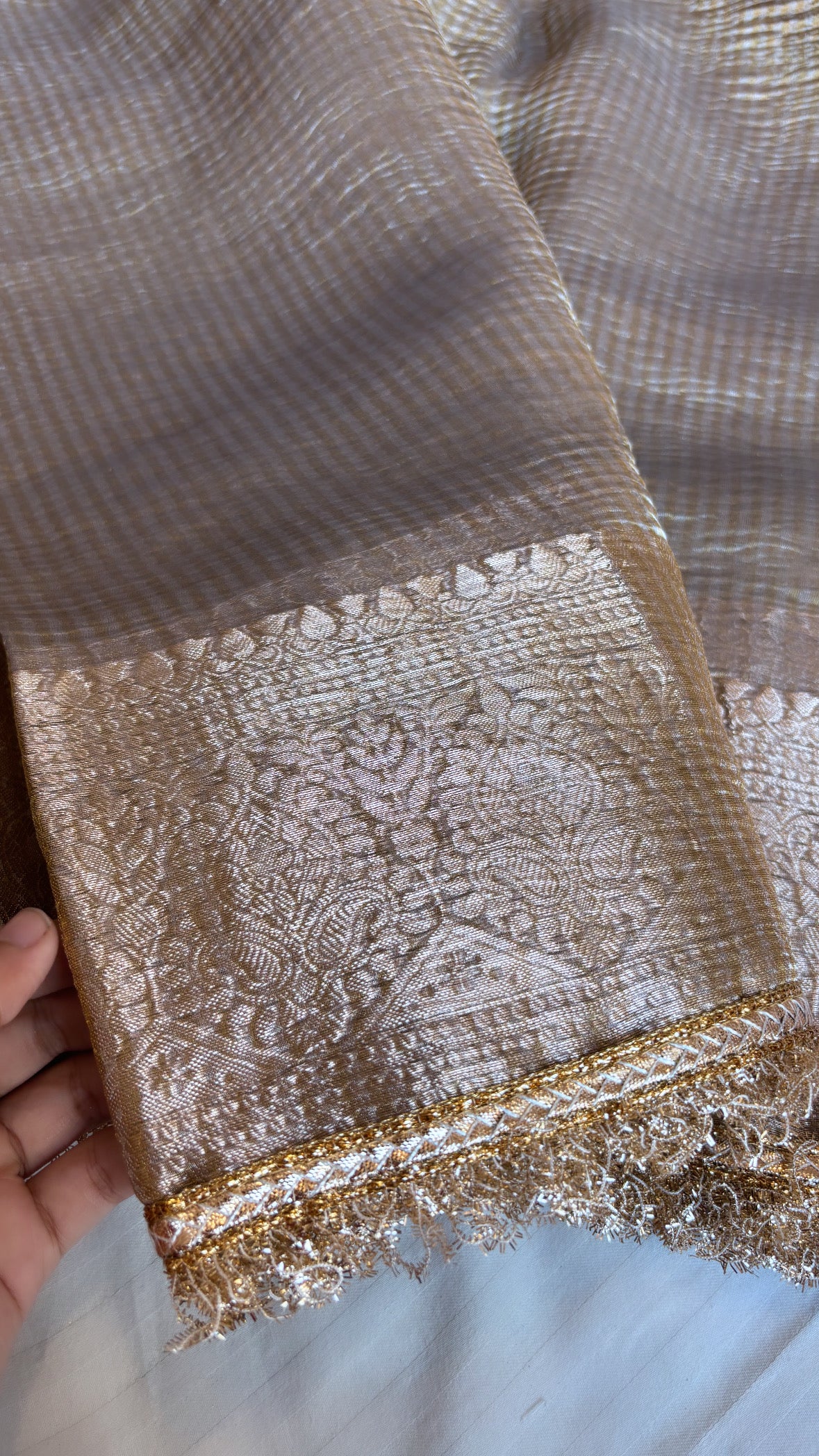Pure banarasi grey crushed tissue kadhwa saree with gotapatti border